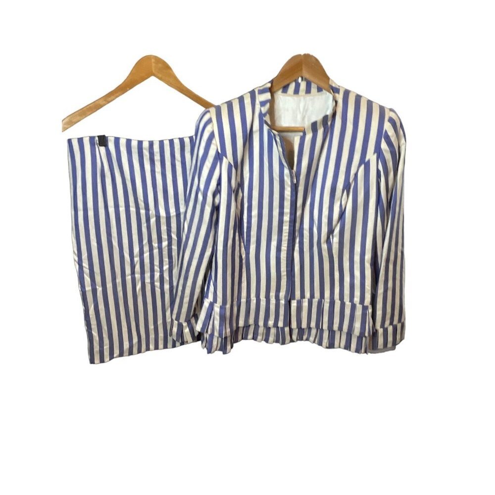 Vintage 90s Handmade Blue White Vertical Stripe Skirt and Jacket Set Sz M